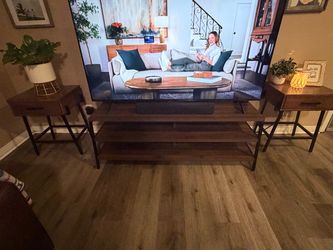 3-Piece Wood & Black Metal Living Room Set – TV Stand + 2 Side Tables