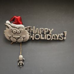 Christmas Cat In Santa Hat Happy Holidays Brooch