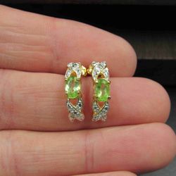 Sterling Silver Gold Plated Peridot And Diamond Chip Dangle Earrings