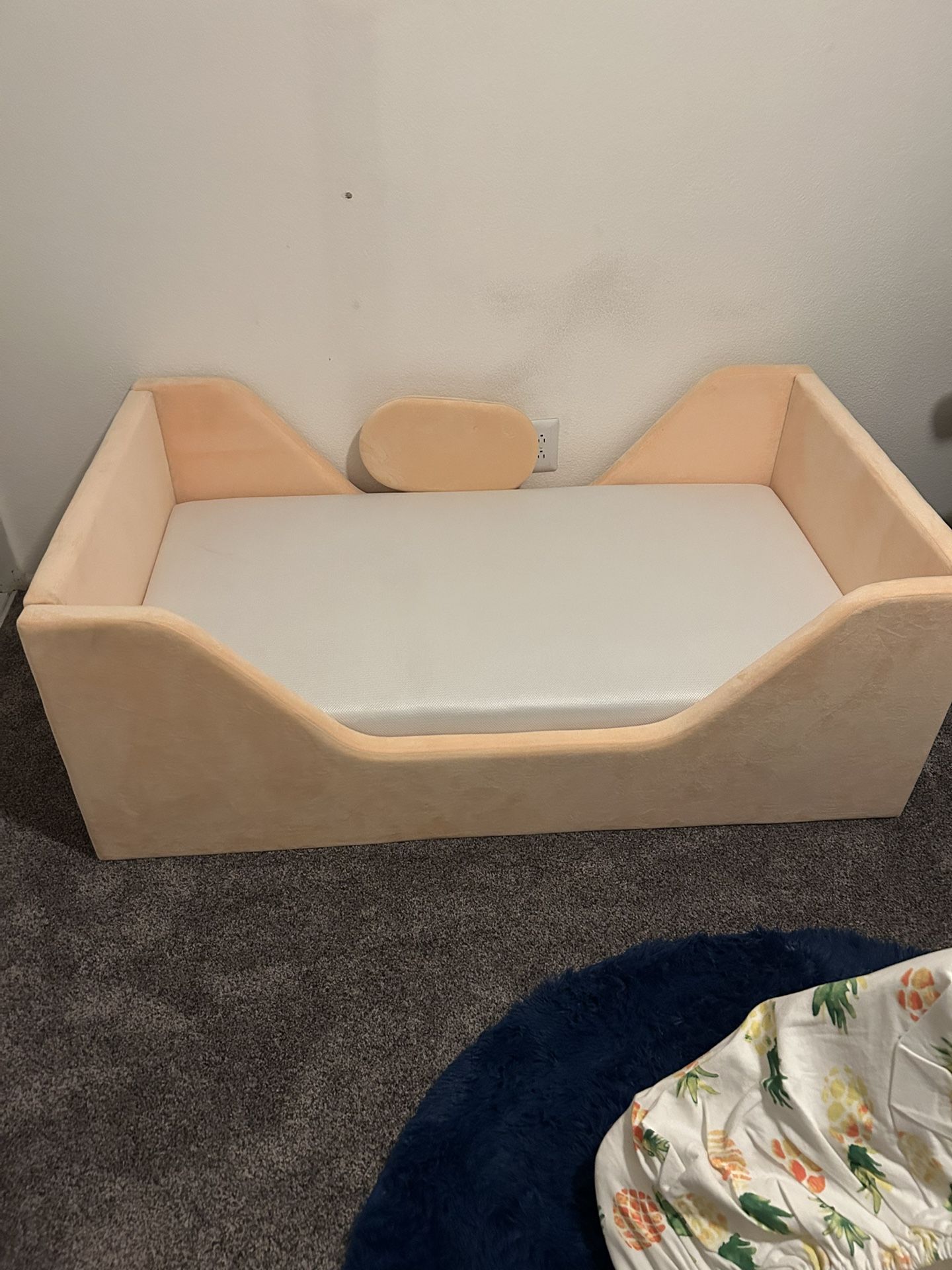 Upholstered Toddler Bed And Foam Mattress with Guard Rail