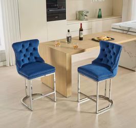 SET OF 2 26 in. Blue Velvet Counter Height Swivel Barstools with Button Back for Kitchen & Dining Room - brand new
