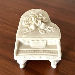 Vintage Bisque Porcelain Ivory Piano Trinket Jewelry Box With Embossed Roses