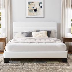 New in box -Queen Bed Frame, Platform Bed Frame with Panel Upholstered Velvet Headboard, White
