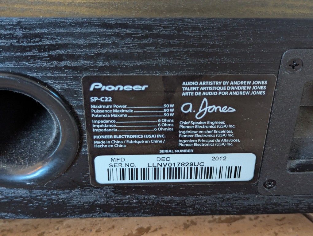 Pioneer sp c22 Andrew Jones center channel speaker