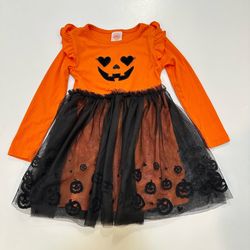 Halloween Toddler Girls Dress Sz 3T Pumpkin Tulle Long Sleeve Orange