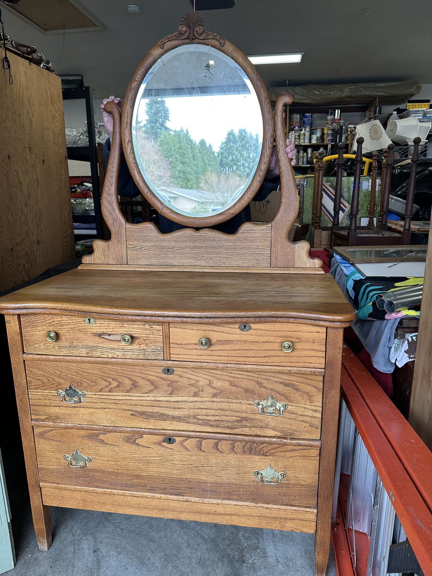Antique Oak Chest And Mirror