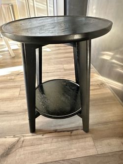Black Round Wood Side Table with Lower Shelf