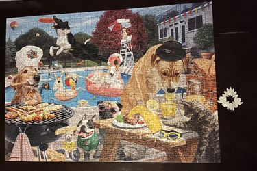Ravensburger Dogs Grilling By The Pool 1000 Pc Puzzle(all Pieces Accounted For)
