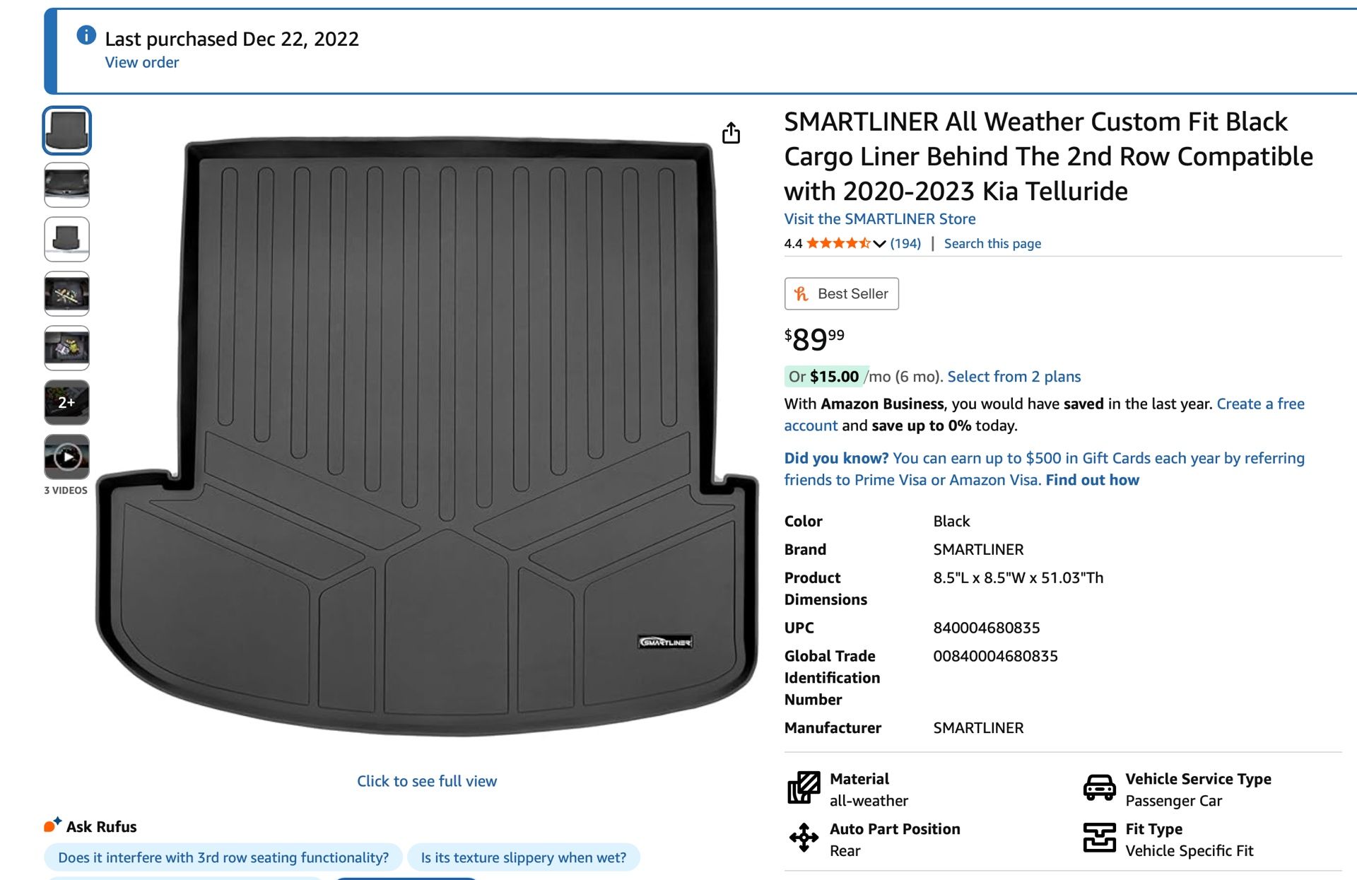 All Weather Custom Fit Black Cargo Liner 2020-2023 Kia Telluride