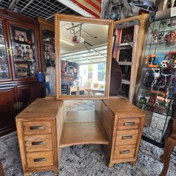 Solid Wood Art Deco Vanity Dressing Table with Adjustable Mirror