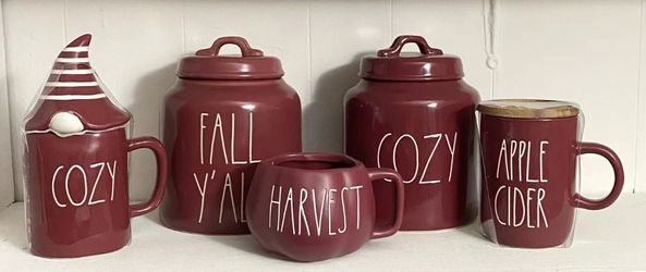 Rae Dunn Maroon 5 piece Fall Set Chubby Canisters Mugs