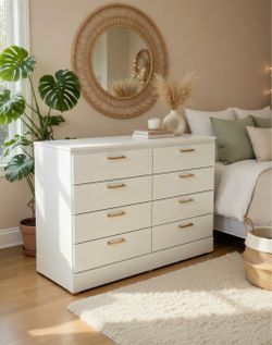 White 8-Drawer Double Dresser with Gold Handles