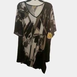 ONE WORLD Womens Top 2x Tunic Black White Silky Abstract Shirt Lagenlook NWT