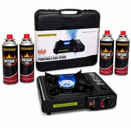 Portable Indoor Outdoor Camping Stove with Case + 4 Butane Gas Cans Bundle (Great For Camping))