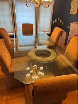 Glass top dining room set and 6 custom chairs chairs