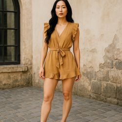 Miou Muse Toffee Romper Ruffled Size S NWT