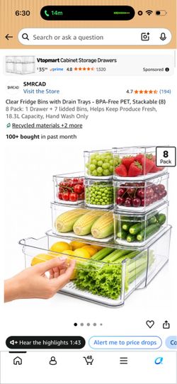 Clear Fridge Bins with Drain Trays 8-Pack