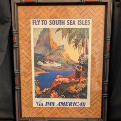 FLY TO SOUTH SEA ISLES VIA PAN AMERICAN Poster - Framed & Matted - Faux-bamboo frame and thatched mat - 17" H x 13.5" W