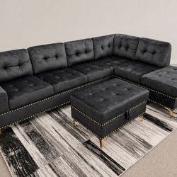 Black Velvet Sectional Sofa No Ottoman 