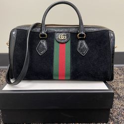 Gucci Ophidia Black Suede Web Stripe Boston Satchel Handbag 