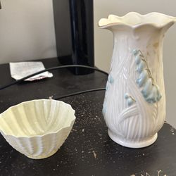 Irish Belleek double shell open sugar bowl & Harebell Vase