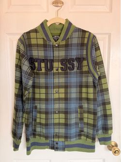 Vintage Stüssy "Authentic" Plaid Fleece Varsity Jacket - Green/Blue - Size S