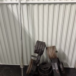Weight Plate Lot with Barbell – Marcy Grip 5/10/25 lb + Standard Iron Plates