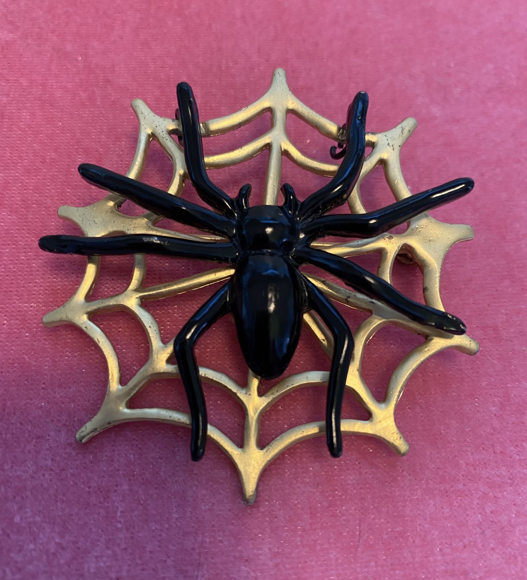 Gold Spider Web Brooch with Hinged Black Spider 2.25"-Great for Halloween!