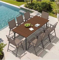 9 Piece Patio Dining Set, 70" Metal Outdoor Table and 8 Folding Chairs with Umbrella Hole for Porch Poolside Yard Garden