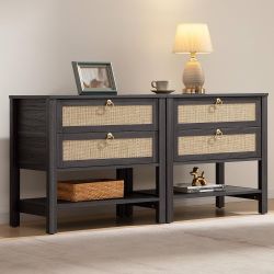 Set of 2, Large Nightstand with Drawers and Storage Shelf - Rattan Boho Bedside Table Narrow Side Table for Bedroom