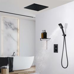 16" Thermostatic Shower System with Handheld Shower in Matte Black Solid Brass
