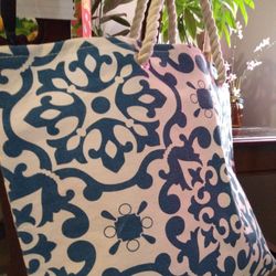 Large Blue/White Pattern Canvas Tote Bag