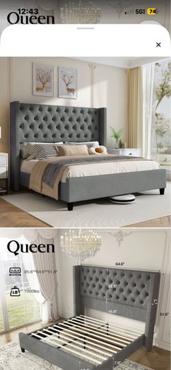 Queen Tufted Upholstered Bed Frame with Wingback Headboard