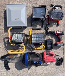 Jobsite Power Tool & Work Light Lot – Skil Drill, Jigsaw, Halogens & Electrical Panel