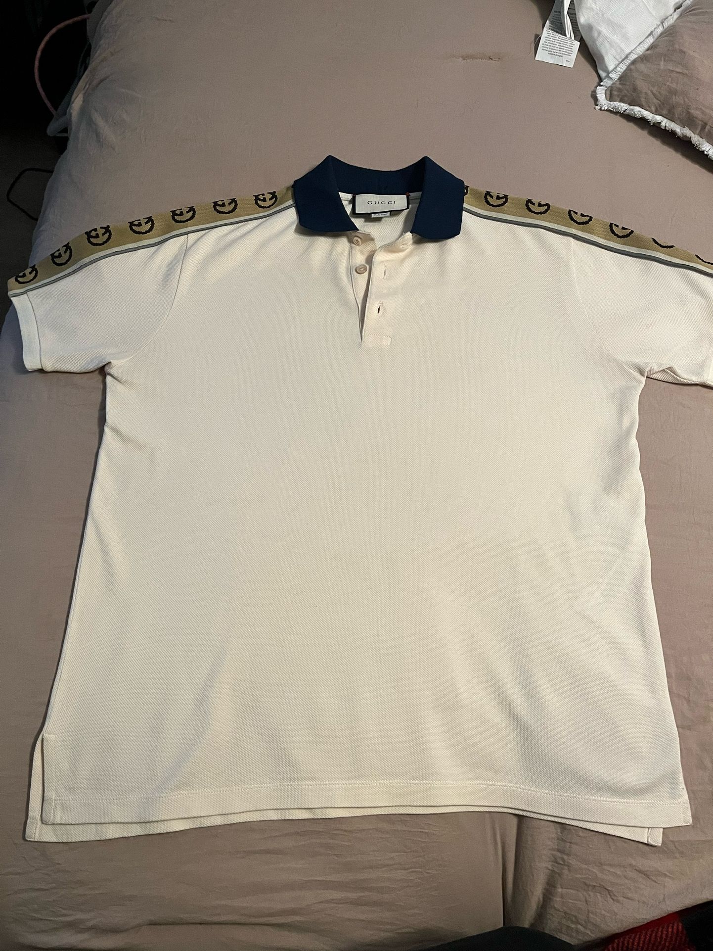 Gucci T-shirt Polo interlocking G Stripe Cream and Blue Neck