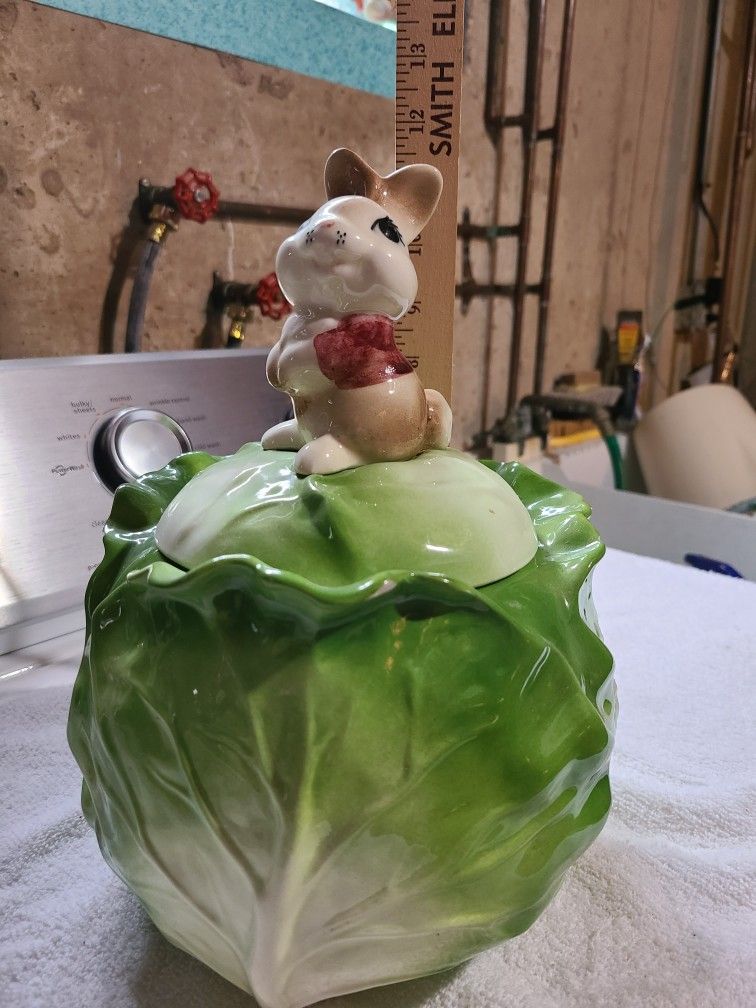 Vintage Cabbage Cookie Jar W Bunny