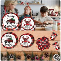 85-piece Christmas Party Tableware Set - For 12 people - Reindeer themed party supplies, disposable plates, tablecloth, cups, forks, spoons, knives,