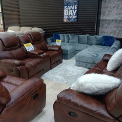 Santiago Brown Leather Reclining 3 Piece Living Room Sets---$1399---Unreal Pricing!!!---No Credit Needed Financing Available 