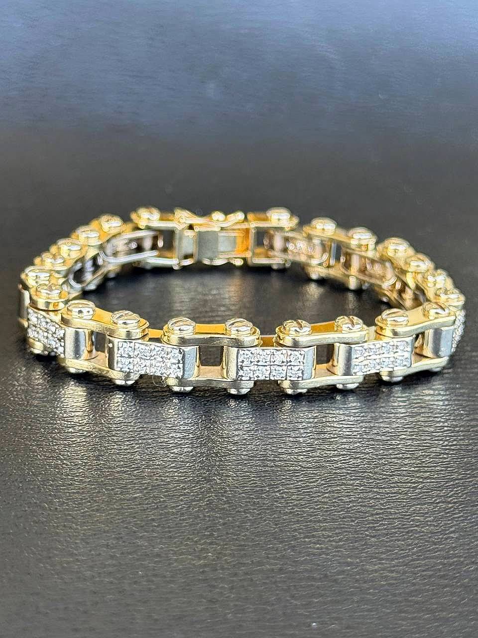 Jewelry Men's 14k solid yellow & white gold VS 6 CTW diamonds motorcycle chain bracelet 9" two tone 92 grams