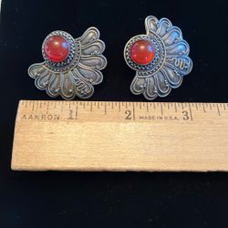 Vintage Silver And Red Gemstone? Earrings 