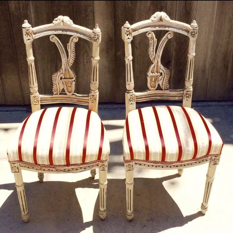 2 American Antique (1820-60 Era) Hand-Carved French Design Chairs in 10K Gold Leaf Overlay Painted White