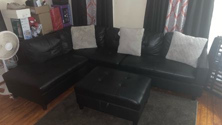 Black Faux Leather Sectional Sofa with Ottoman