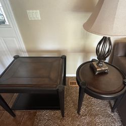 Set of 2 Side Tables – Round & Square, Leather Inlay Top