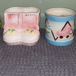 4 Piece Vintage antique mid-century 50s 60s hand painted porcelain baby planters