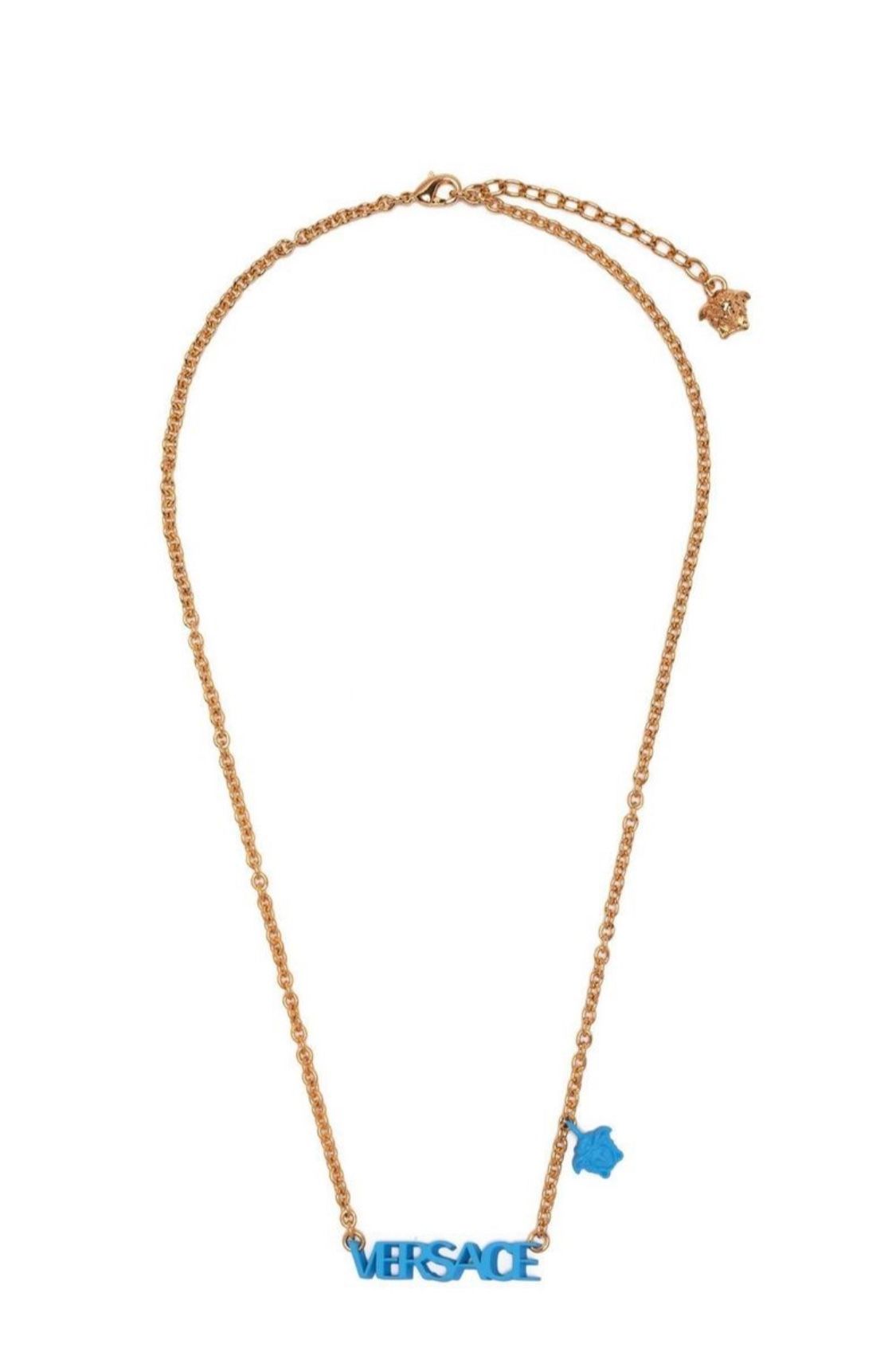  Versace, gold and blue logo charm necklace 