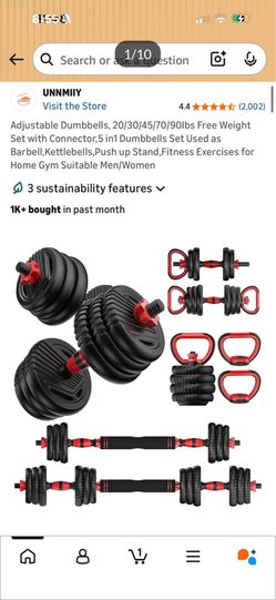 UNNMIY 90LB Adjustable Dumbbell Barbell Kettlebell Set 5-in-1