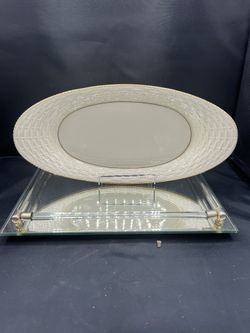 Lenox Bread Tray Fine China Basketweave Pattern Oval Serving Dish Gold Trim Made