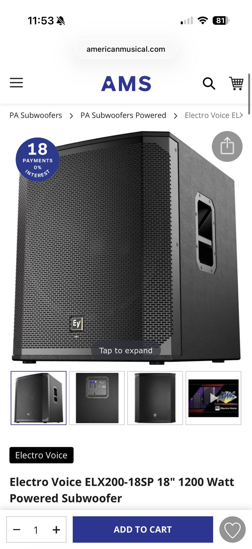 Electric Voice 18 Inch SP powered Subwoofer Ev