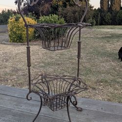 29" Tall Two-Tier Wrought Iron Basket Stand – Rustic Scroll Design Storage Rack

