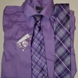 Calvin Klein Slim Fit Non Iron Purple Button Down Shirt Size 14.5, And Two Ties